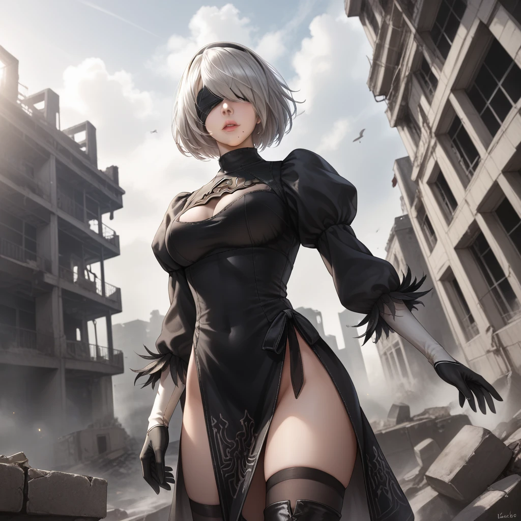 1girl, (solo:1.2), curvy, (masterpiece:1.2), (best quality:1.2), (perfect anatomy:1.4), (standing:1.4), (confident:1.2), smile, (large breasts:1.4), (cowboy shot:1.2),, <lora:Nier - 2B [h_madoka - v2.0]:0.7> hm2b, black blindfold, covered eyes, mole under mouth, clothing cutout, long sleeves, puffy sleeves, juliet sleeves, feather trim, black thighhighs, black gloves, black dress, black skirt, (post fight scenery:1.3), rubble, outside, daylight, <lora:Modeseven [MockAi - v1.0]:0.8> modeseven, (super curvy:1.3), comic style, (vibrant colors:1.2), (huge breasts:1.1)