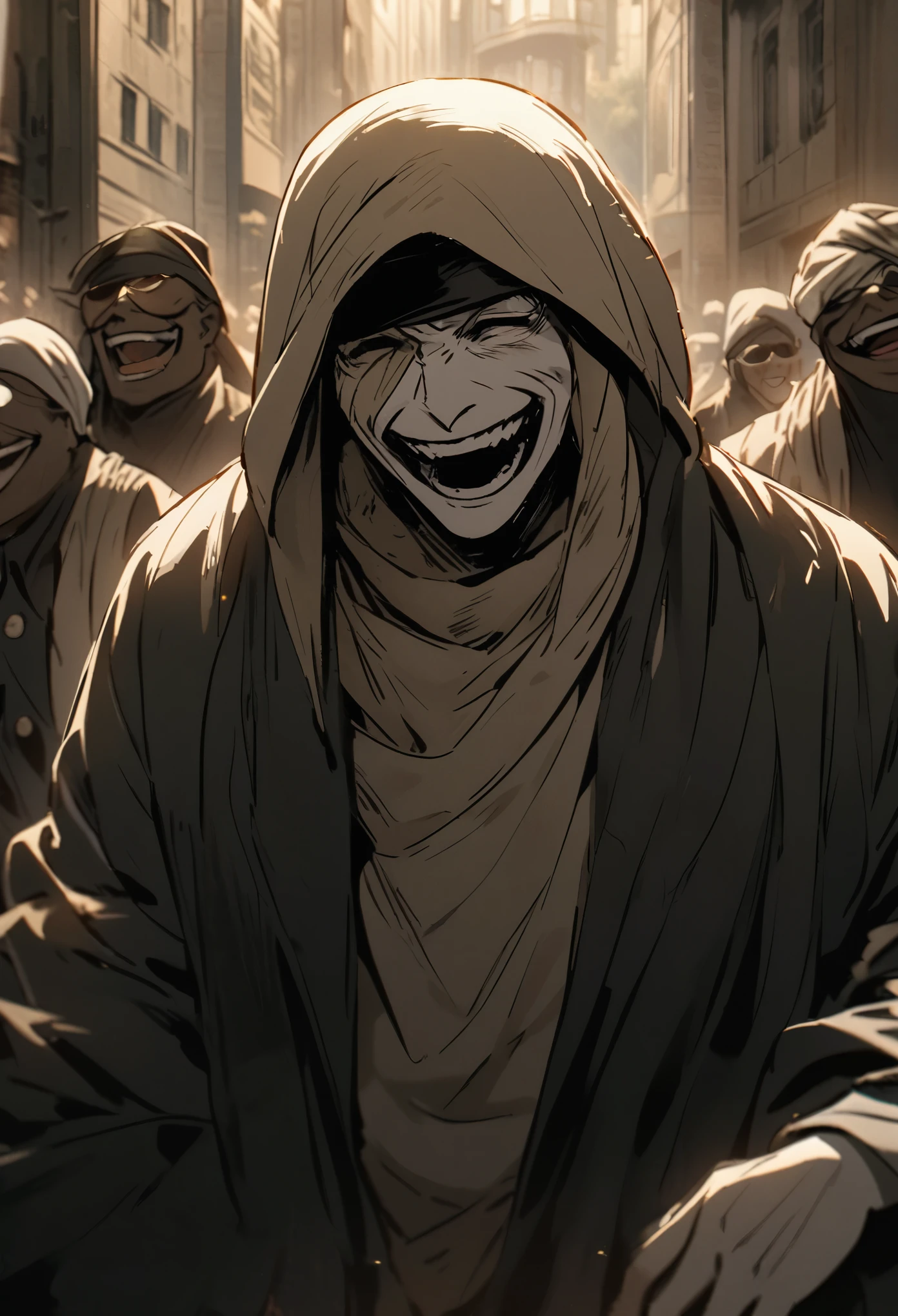 boy in the scepter with a worried face screaming, he has medium long brown hair and a black beanie hat and in the background very violent ghosts with horrible anime faces