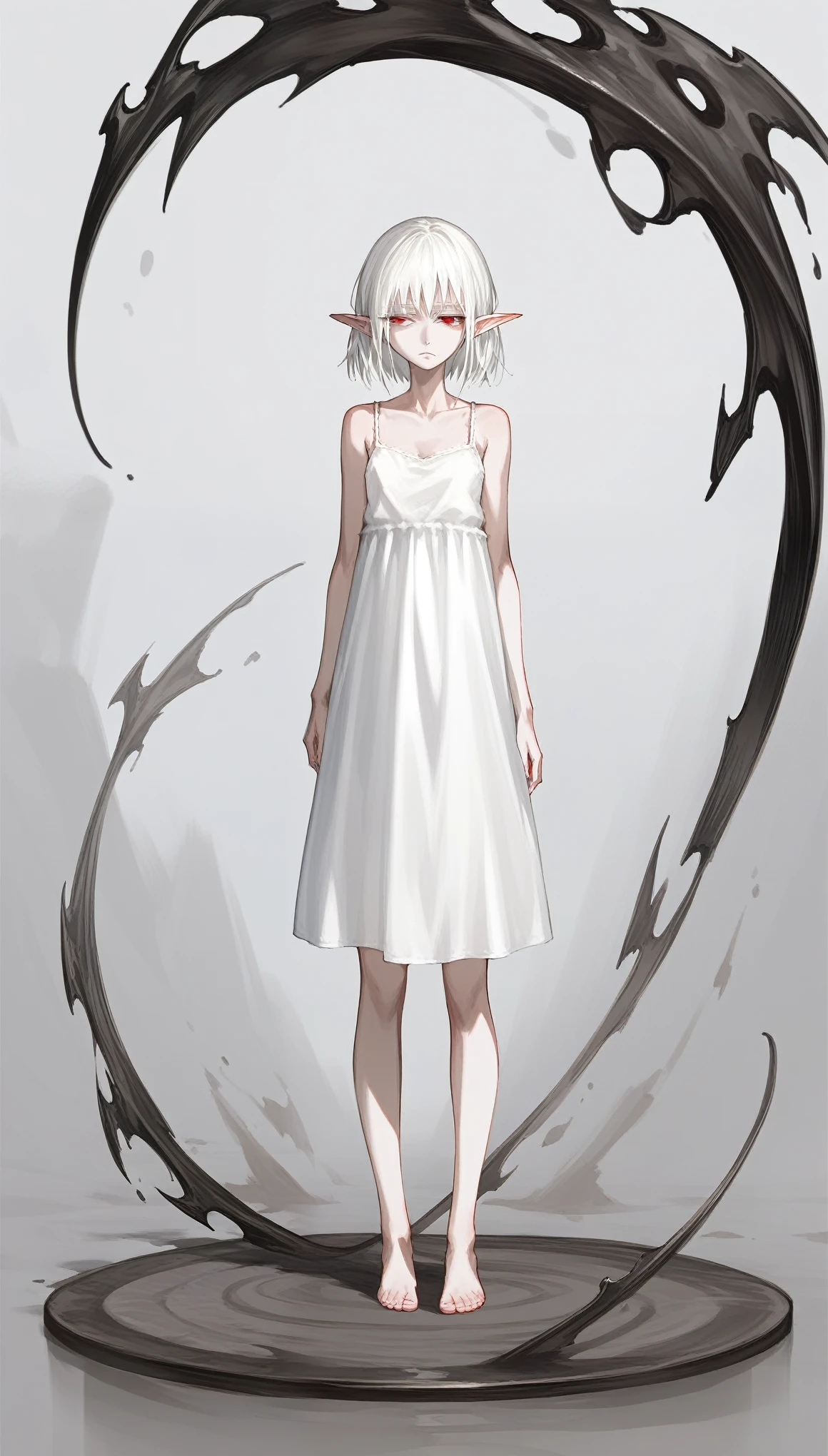 1girl, solo, full body, Diabolical, Ruined palace in the distance, Gloomy painting style，
Anime Girls, (white long camisole), pale skin, albino, white hair, elf ears, half closed eyes, red eye,
Score_9,Score_8,score_7_up,source_anime, rating_questionable,