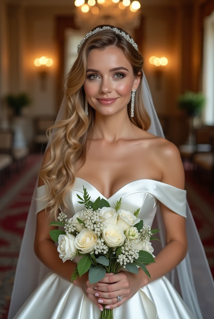Extremely sexy blonde 18 year old Bride, wearing a sexy erotic revealing wedding dress, extremely beautiful face, walking down the aisle, holding a bouquet of flowers, professional hairstyles, long wavy hair, perfect hourglass body,
(bestquality,4k,8k,highres,masterpiece:1.2),ultra-detailed,(realistic,photorealistic,photo-realistic:1.37), HDR, UHD, studio lighting,