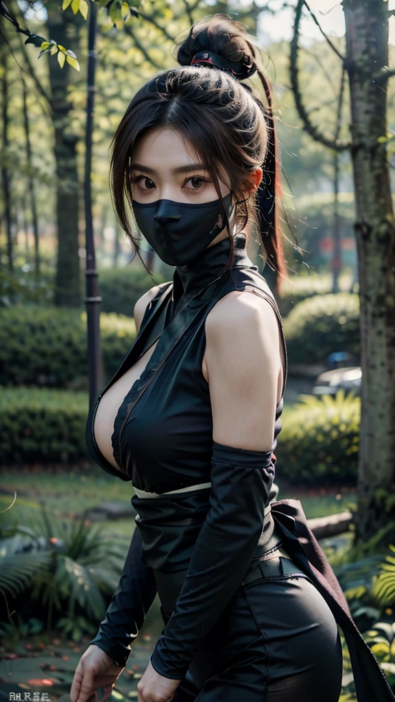 high quality fingers, normal hands, detailed fingers, masterpiece, (realistic, photo-realistic: 1.37), realistic, 1girl, long hair:1.5, black hair:1.2, red eyes:1.5, bright eyes, mortal kombat, ninja, blood, scar, weapons, kimono, dress, mortal kombat costume, large breasts, fighting pose, serene look, temple, meditation, injuries, mask, face mask, eyes to the sky