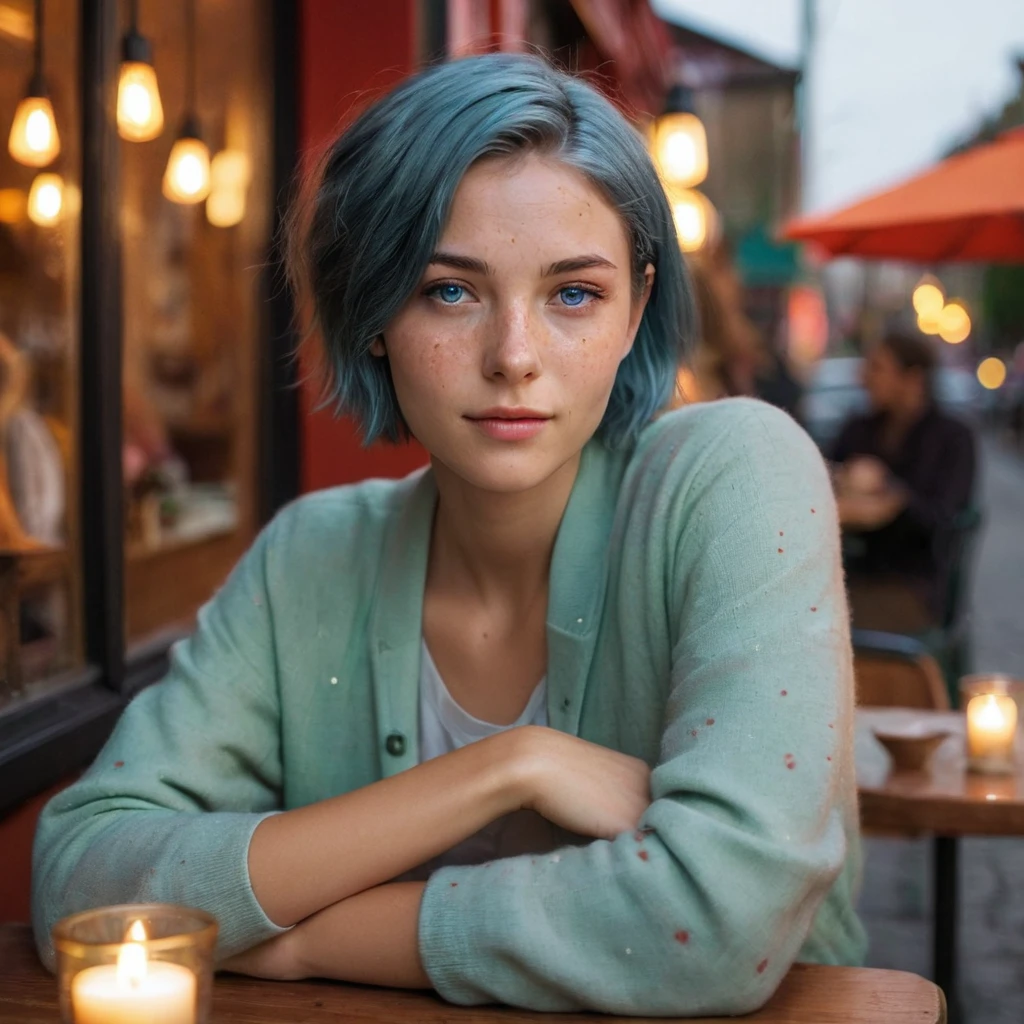 (Best quality), ((artistic realization)), (ultra detailed), Woman 20 Years Old Nordic Ethnicity, Short blue hair with a perfect face and light freckles, Blue-Green Eyes, masterpiece, very delicate and beautiful, highly detailed, 8k, amazing, attention to detail, (masterpiece, best quality:1.2),Photorealistic, Studio photo, sexy woman in jeans and sweater, drinking coffee, one leg crossed over the other, She is contemplating divorce from her husband, wide open legs, On the table, In the background, there are brick walls and vaults of a cozy, small, cramped café in Buenos Aires adorned with two painting,There is one candle in a glass holder, with evening light streaming in through the window. (ultra detailed), ((photorealistic)), ((Color palette - turquoise, neon green, yellow shades))