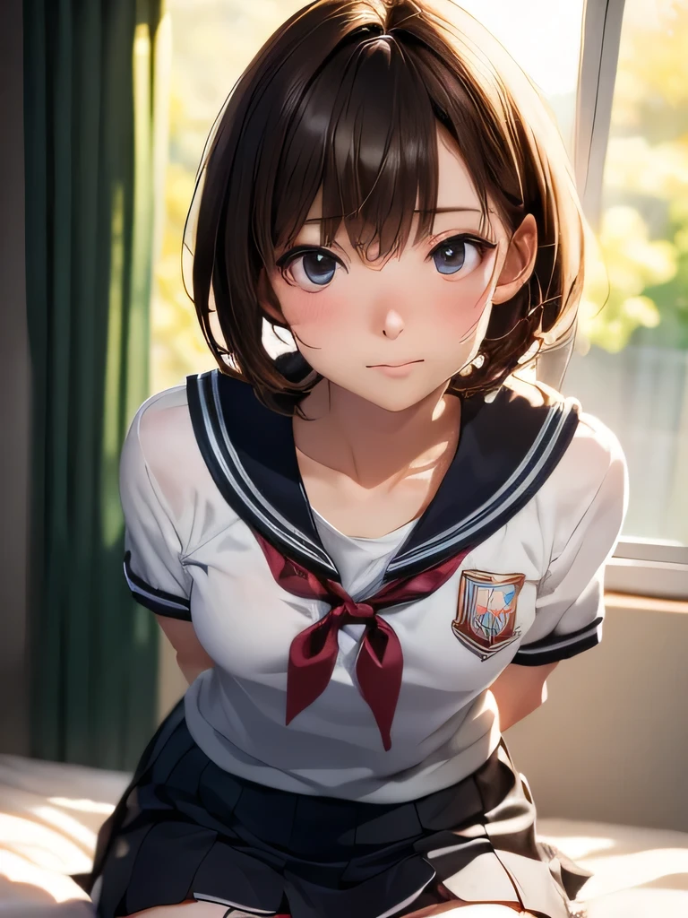 (Browsing Caution), One Girl, class room, Confused and tearful、Sweat、 shortsleeve serafuku, sailor collar, ,Color Hair Color, Small breasts、blush, bow, 赤いbow, Long sleeve, shirt, 襟付きのshirt, skirt, プリーツskirt, 黒いskirt, Small breasts, {{{Face close-up}}},Upper Body,,Pay attention to the panties,High quality underwear, Look down,View your audience, (((Panties as a gift))), Her grey panties are wet in the center, Tabletop, Highest quality, , Absurd, Perfect Skin, Detailed skin texture, Super detailed, 8K, Intricate details, Beautifully detailed face,High resolution, {{{Shadowed face}}}, mock, {{{Through clenched teeth:1.2}}}, Grin, smile, 視聴者をLook down, masterpiece,Absurd, Beautiful details when viewed from the front,Japanese cute face