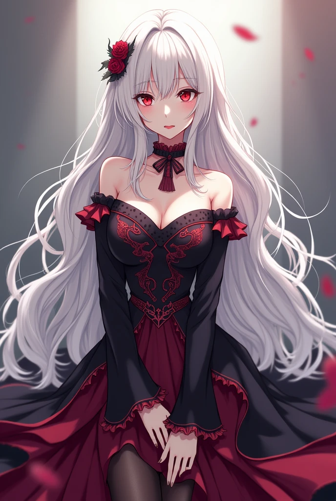 A girl with long white hair, red eyes, She has a beautiful purple dress, a black crown and a fierce look, She is a beautiful vampire girl. The drawing is in anime style
