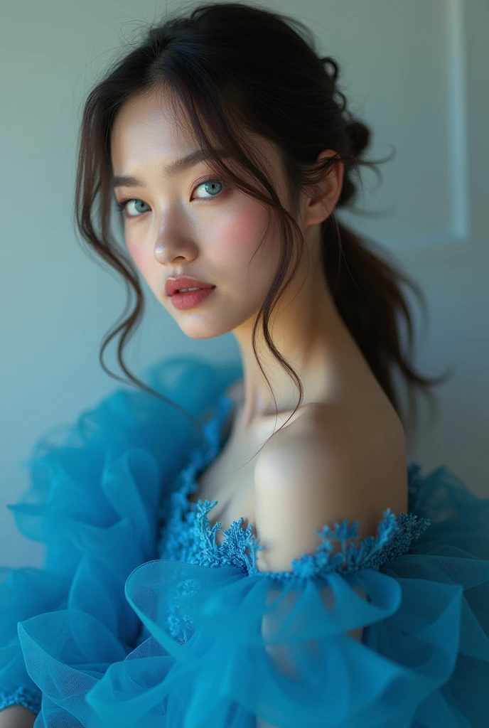 Young woman, Model, blue dress, blue eyes - SeaArt AI