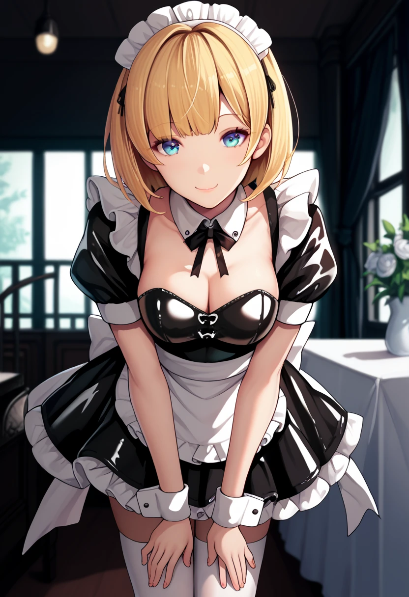 1girl, leaning forward, smile, bangs, breasts, maid headdress, maid, frills, latex dress, shinny, black dress, detached collar, puffy short sleeves, wrist cuffs, apron, white thighhighs, wavy short hair, blonde hair, looking at viewer,