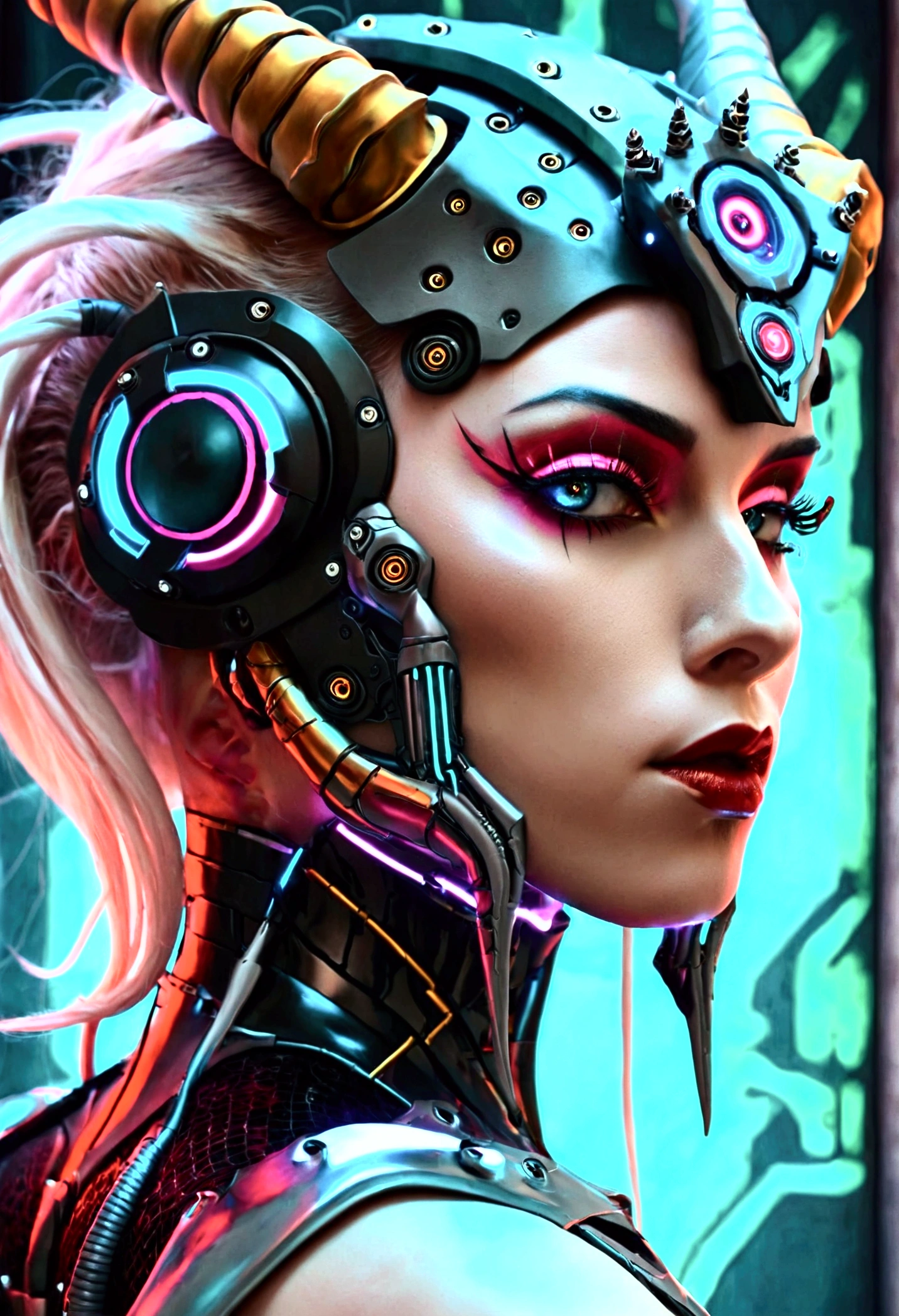 woman with horns and a demon face, beautiful cyborg priestess, portrait of a cyborg queen, beutiful girl cyborg, cyborg - girl, cyborg girl, cyberpunk robotic elvish queen, seductive cyberpunk dark fantasy, beautiful biomechanical djinn, beautiful cyborg girl, aetherpunk airbrush digital art, gorgeous digital art, cyborg woman