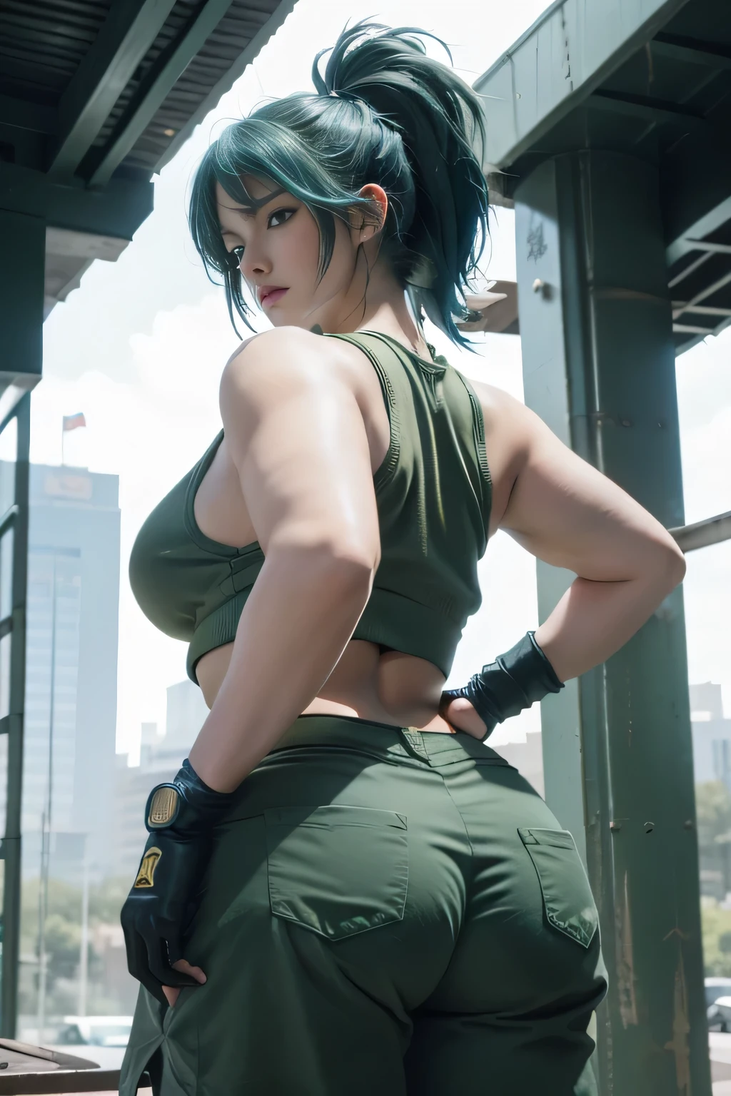 masterpiece, The best quality at its best, High resolution, One girl, Leona Heidern, Blue Hair, blue eyes, ponytail, Green Shorts, Clevis，On your stomach, Crop top, Black gloves, big_chest, uniform, Green jacket, 耳Nipple Ring, jewelry, belly button, Huge boobs, Cowboy Shot、(Rear view)