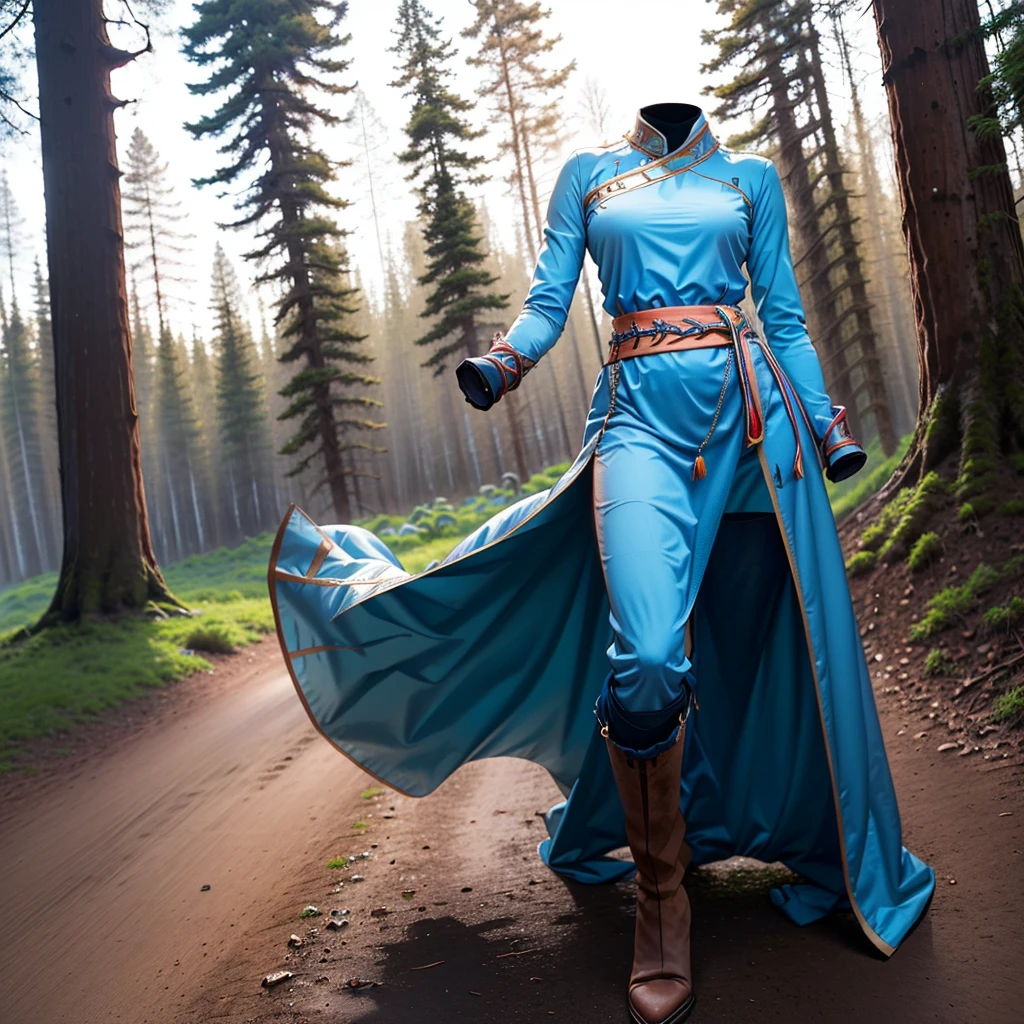 (Best-quality, Masterpiece, Ultra-High-Resolution), (invisible, no humans, headless, faceless:1.5), close-up shot of breasts, blue dress, long sleeves, side slit, (defaultLyn), blue dress, pelvic curtain, sash, brown boots, one girl, alone, in forest