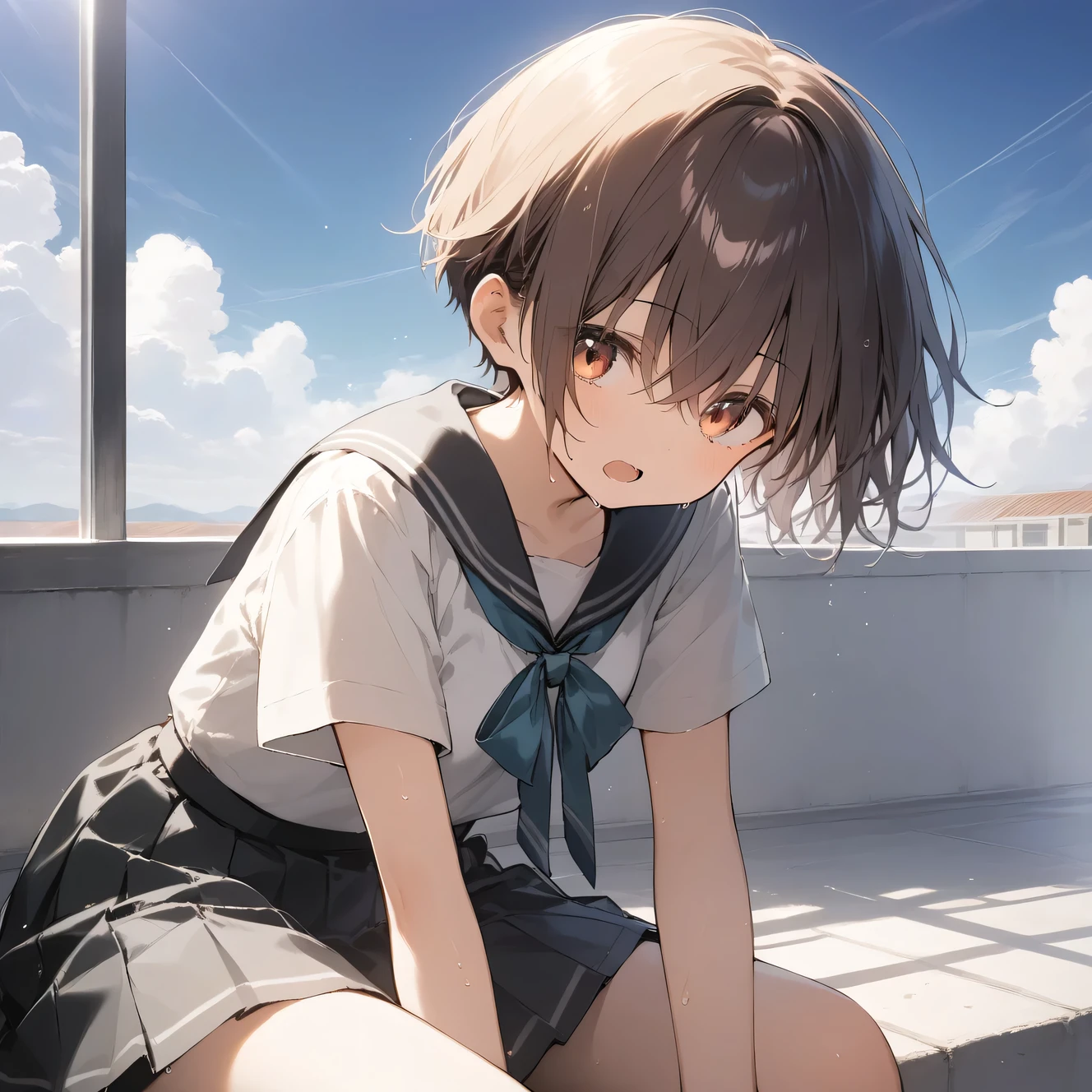 score_9, score_8_up, score_7_up, source_anime, best quality, masterpiece, official art, absurdres, highres, ultra-detailed,waifu2x,Collection: Slice of Life,break,1girl, tomboy, pixie cut, rough hair, crossed bangs, small breasts, thighs,beautiful detailed eyes,expressionless, hair between eyes, school uniform, (preated skirt), sweat, open mouth, (yawn:0.3), sleepily, outdoors, rooftop, (Detailed Lighting), (Detailed background),break,(clear line illustration:1.2), super detailed skin,very high resolution, very aesthetic cg, Best sexual lighting powered by famous artist, 8k, 16k, cute picture,beauty illustration,photoshop_(medium),,(Detailed Lighting),best anime 8k konachan wallpaper, pixiv contest winner, ((artist:akinashi_yuu)),