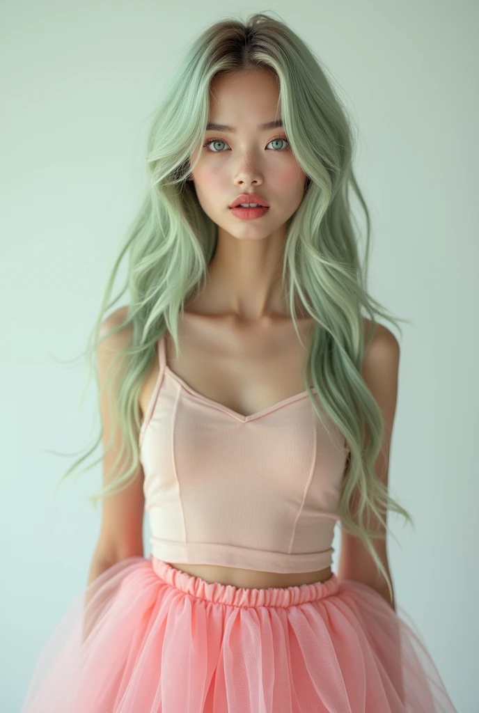 Jeune femme asiatique cheveux vert long jusqu'au ventregrosse poitrine habiller d'une tenue élégante robe rose photo prise de face de elle même de ces cheveux à ses pied