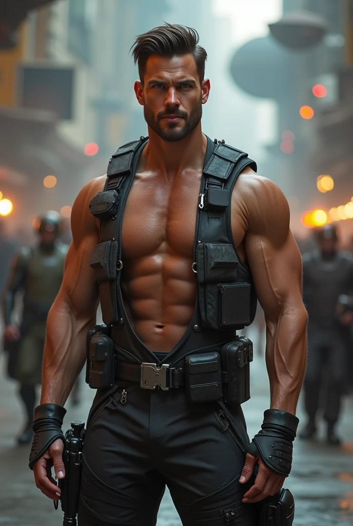 Professional photo in cyberpunk style, thigh-high photo, one man, metal skull, scar on face, metal torso, metal arms, old rusty armor, night city, neon lights, eye contact, looking at viewer, masterpiece, best quality, perfect detail, perfect face detail, perfect eye detail, perfect skin detail, depth of field, perfect lighting