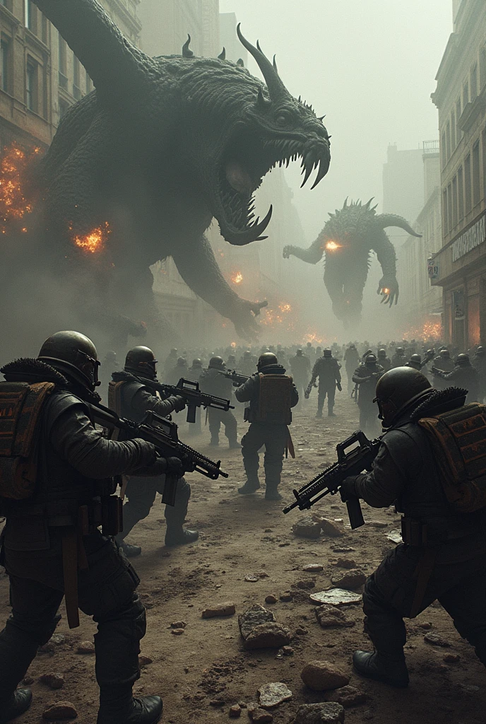 arafed image of a group of soldiers in a city, still frame from prometheus, draped with horrors and spines, inspired by Kazimierz Wojniakowski, riot entertainment, at world's end, strong walls, towering giant made of zombies, necromunda, below is the crowd, spectral evolution, monstrous creatures, dunkirk, lovecraftian horror! --auto --s2