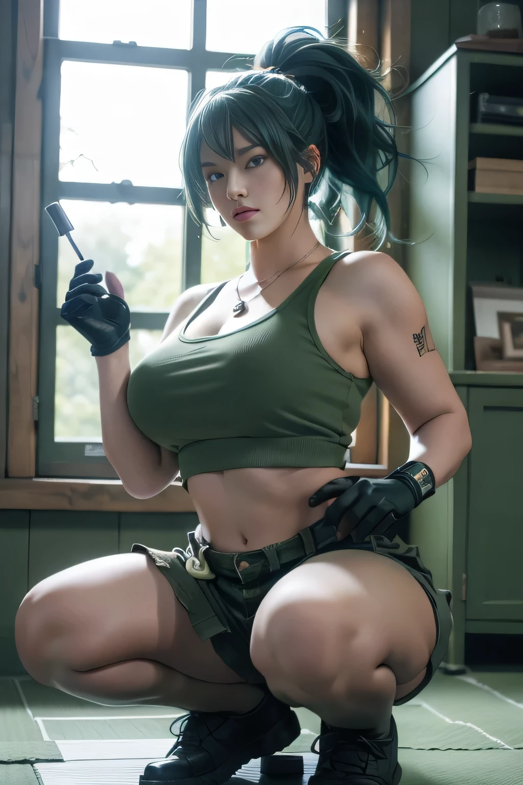 masterpiece, The best quality at its best, High resolution, One girl, Leona Heidern, Blue Hair, blue eyes, ponytail, Green Shorts, Clevis，On your stomach, Crop top, Black gloves, big_chest, uniform, Green jacket, 耳Nipple Ring, jewelry, belly button, Huge boobs, Cowboy Shot、(whole body)、(squat:1.2)