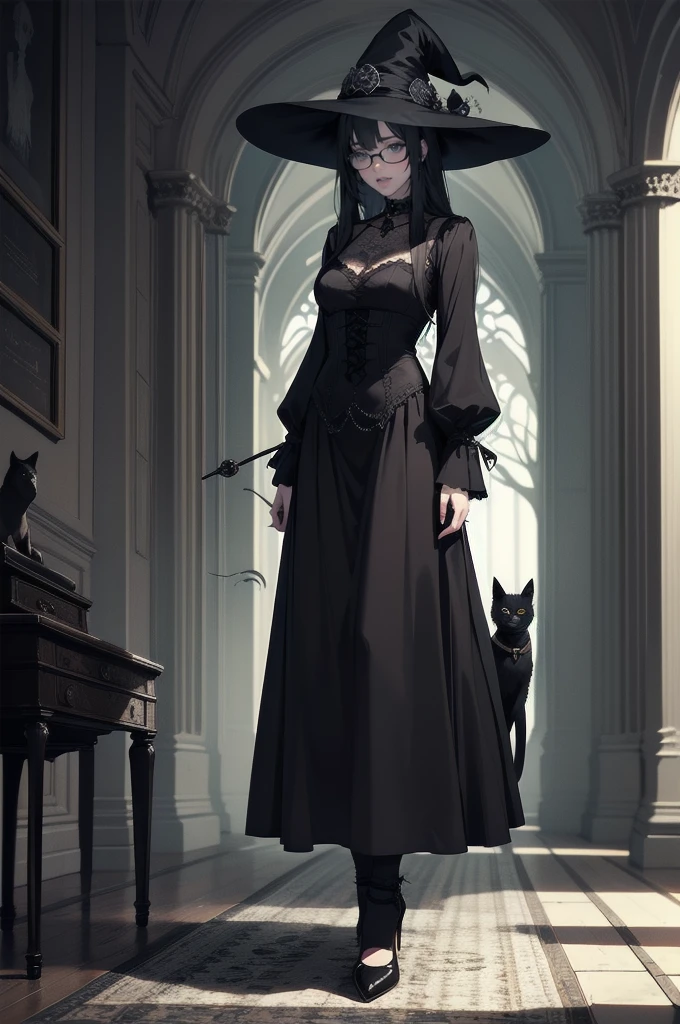 Shadow Face、beautiful girl、cute、Baby Face、smile、Glasses、Droopy eyes、Black Hair、Beautiful Long Hair、Straight Hair、bangs、Bangs、Gothic Dress、Long Dress、Black pumps、Big Breasts、Slim body、Short、small、slim、Black cat at feet、2 black cats、black kitten、Magic wand、witch、witch hat、（witch hat）、(Best Quality,4K,High resolution,Masterpiece 1.2),Very detailed,Real 1.37,Spooky altar background,Dark fantasy,Black color scheme,Ominous atmosphere,Eye-catching,Storytelling,Anime Style,Concept Art,Inappropriate behavior,beautiful, Delicate facial features, pale Skin, Dark Background, Cinema Lighting, Dramatic Shadows, Gothic, Gloomy atmosphere, Dark Story, One Person&#39;S, Red cheeks, ,(Blood splatter 1.3),Scary smile, smile,TwiSted smile、Bloody,(Blood splatter 1.3),Horror Style, ((Sweet Frill Black Costume)), ((Flowing Black Hair)), Female Curves, Sexy flat stomach, Perfect hands, Perfect anime character face, (Black Dress)), Standing, ((Evil smile)), ,(Dark Story1.3), Steam circulation, Moonlight Illumination, night lighting, Gothic architecture、Western architecture,Victorian city, Skeleton Gas Light,Absurd, High resolution、 ((Tabletop)), ((Best Quality)), (Very detailedな), ((Very detailed)), (beautiful), ((cute)), One Personで,(1.6)、beautiful face、Full Body Ezbian、pale, Beautiful skin、Big Breasts、Beautiful body、Slim body、beautiful feet、Smile gently、Dark building ruins、(snow white&#39;Frill dress 1.3)、(The dark ruins are Bloody 1.3)、Low angle full body shot、(Glasses 1.2)、(Creepy 1.3)、(The girl lost a lot of blood.........1.3)、(crazy smile1.6)、Spirits、(Blood dripping from the mouth 1.3)、（Glasses 1.5）、Droopy eyes、Gothic Dress、Bangs, Long Hair, Glasses、