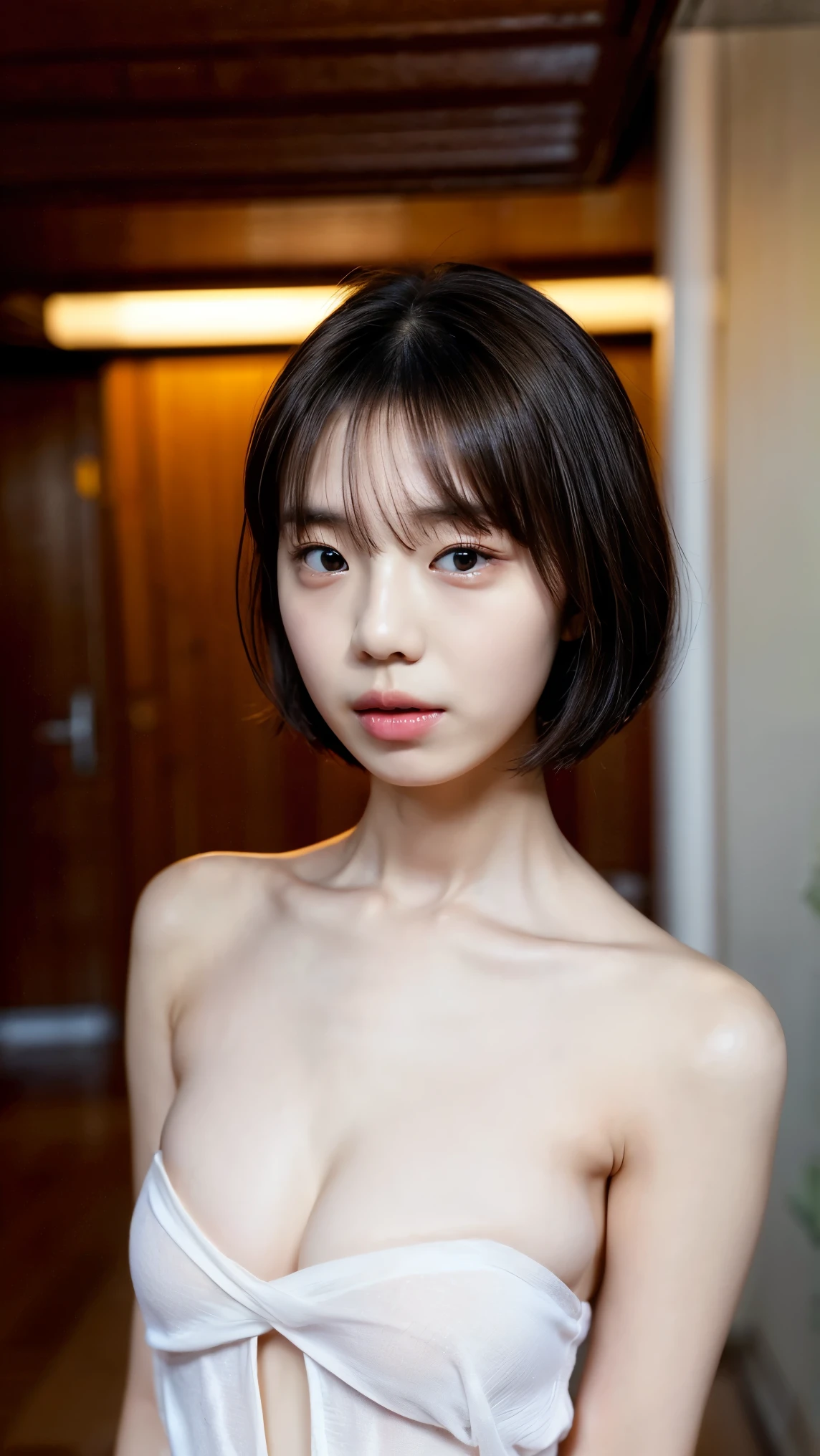 ((Petite women, Sensual woman, No makeup, 柔らかい笑face)), (((Small eyes, length, Narrow eyes, Black Hair, Short Bob Hair))), (Full body portrait, Short Hair, Large Breasts, Wearing a white T-shirt, Protruding nipples, Thick pubic hair), White skin, Glossy pale lips, skinny, Body Type, Delicate and sexy collarbone, Best Quality, RAW Photos, Realistic, face, so beautiful, cute, Depth of the written border, High resolution, 超detailed, detailed, Very detailed, extremely detailed eye and face, Sharp pupils, Sharp focus, Cinema Lighting