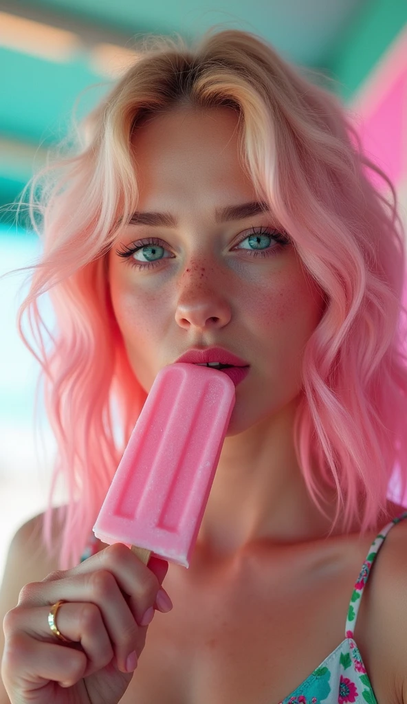 (best quality,highres:1.2),ultra-detailed,realistic:1.37,Katy Perry,sucking,thick, long ice lolly,beautiful detailed eyes,watering eyes,tasty,effort,sweetness,refreshing,pink background,summer vibes,vibrant colors,expressive face,bright lighting,playful,Bubblegum pop style,luscious lips,painted nails,various flavors,tropical atmosphere,dripping syrup,sparkling sugar crystals,cold sensation,sticky fingers,sensational taste,melting slowly