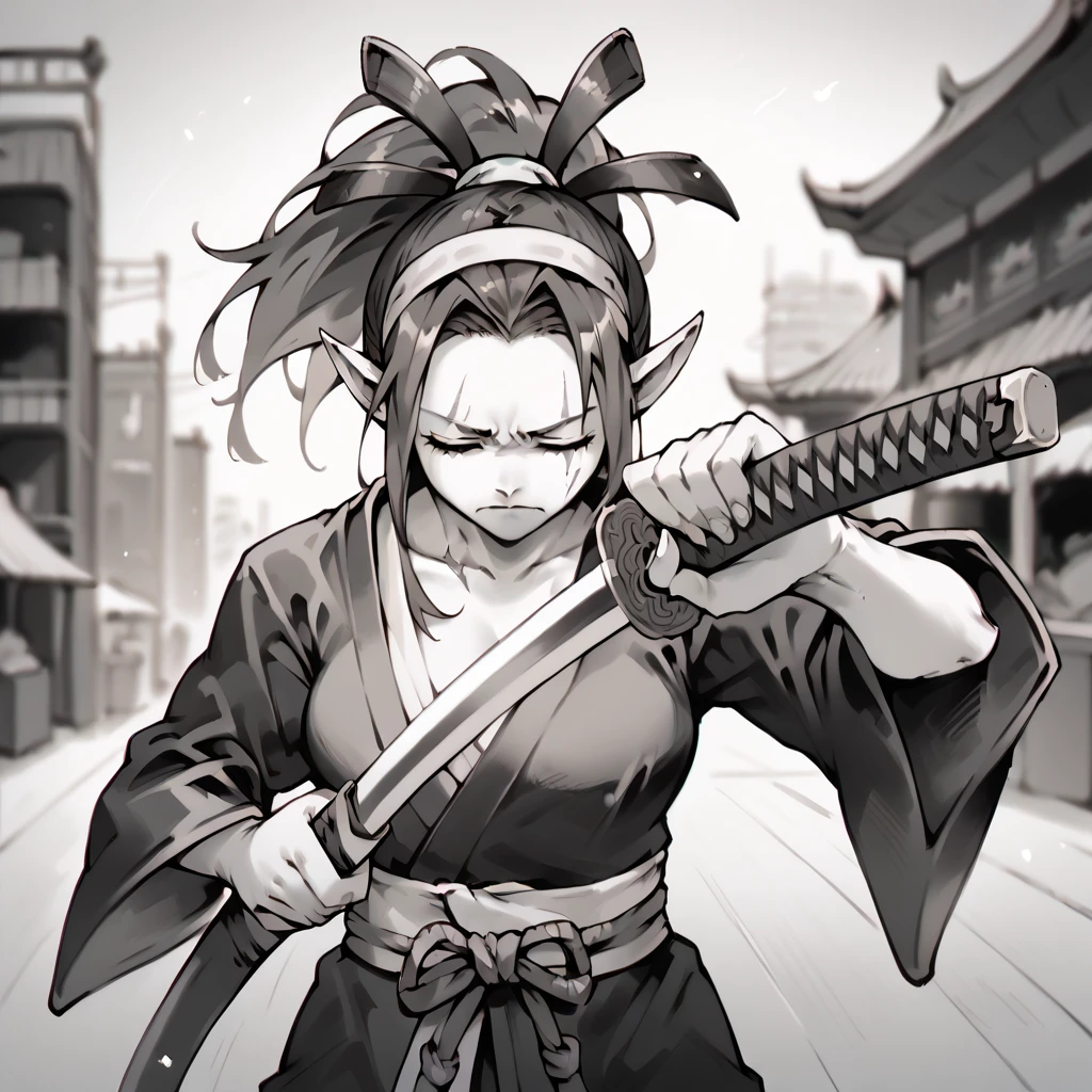 1girl, Solo, Closed Eyes, Ponytail, Breasts, Long Pointy Ears, Closed Mouth, Frown, Blind Girl, Samurai Clothes, Modern City Background, Blurry Background, Monochrome, Hairband, Scar Across Eye, Modern city Background, holding a katana