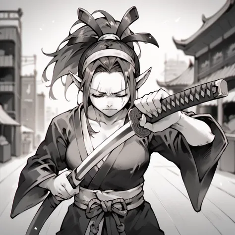 1girl, solo, closed eyes, ponytail, breasts, long pointy ears, closed mouth, frown, blind girl, samurai clothes, modern city bac...