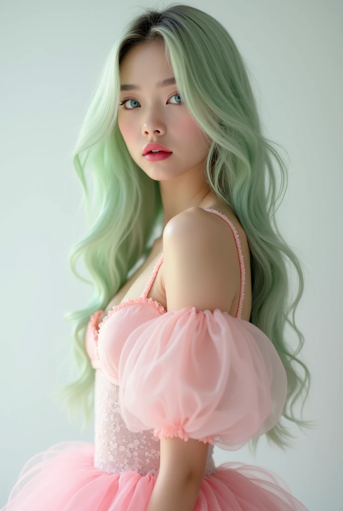 Super delicate cute girl wearing a dress with green mint hair. 8K ultra-high image quality, delicate texture, background on the classroom table, opened the skirt, pussy