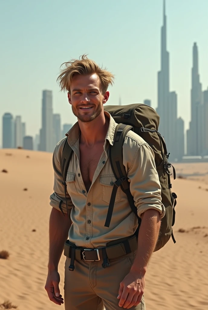 The Scene: In the heart of a sprawling, ethereal desert landscape, the blonde male model with striking blue eyes becomes a beacon of vitality amidst the barren beauty. His athletic, toned physique is on full display, shirtless and glowing under the intense rays of a scorching sun. He wears bright, cobalt blue cargo shorts that stand out vividly against the endless sea of golden sand dunes.
The setting is an isolated, otherworldly desert, where the shifting sands create a landscape that seems to move with the wind. The ground beneath his feet is a mixture of fine sand and smooth, sun-bleached stones that have been shaped by centuries of erosion. In the distance, towering, jagged rock formations rise from the desert floor, their surfaces etched with ancient symbols and mysterious carvings, remnants of a long-lost civilization.
The air is hot and dry, carrying the faint scent of warm minerals, and the distant, eerie sound of wind howling through the rock formations echoes across the dunes. The model stands confidently in this vast, arid expanse, his stance firm and resilient. One hand rests lightly on the rough surface of a large, sun-warmed boulder, the other casually at his side, fingertips brushing the gritty sand that swirls around his legs.
His gaze is directed towards the horizon, where the sun is beginning to set, casting a fiery, orange glow across the desert. The sky above is a gradient of deep purples and blues, as twilight begins to creep in, creating a striking contrast with the warm, golden tones of the desert. His expression is one of quiet determination and introspection, as if contemplating the mysteries of the ancient world that once thrived in this now desolate place.
The interplay of light and shadow creates a dramatic atmosphere, accentuating the model’s chiseled features and the stark beauty of the desert landscape. The cobalt blue of his shorts echoes the deepening sky, merging his modern, stylish appearance with the timeless, rugged majesty o