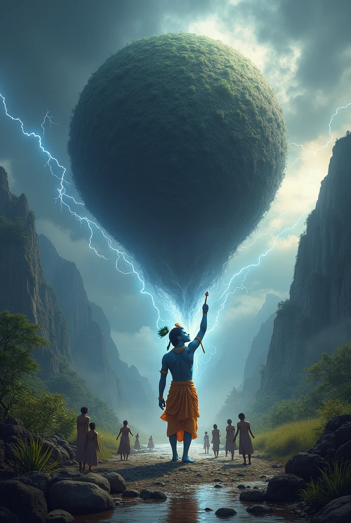 God krishna lifting a triangular shaped hill on his single finger with a flute in rain with many small cows and villagers below the hill