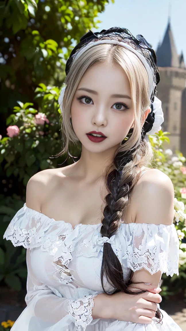 ((1 Japanese girl, 1 person)), (((Gothic ****ta Fashion:1.3)),(((Lace off-the-shoulder dress))),(((Outfit with intricate lace detailing))),(Emphasize large breasts:1.3),(European castle background:1.3),(Flowerbed with colorful flowers blooming in the garden),(squat:1.3),(The contrast of light and shadow makes the subject appear three-dimensional),Pretty and beautiful girl,Cute round face,Cute Smile,Blushing,Red lips,(Silvery white hair,Floral knit headband,Half Up、Floral braided space buns,Voluminous fishtail braid,Twisted pan,),(The bangs are see-through),hairpin,hair ornaments,Detailed clothing features,Detailed hair features,Detailed facial features,(Dynamic Angle),BREAK ceremony,((Random sexy poses、put in、Deep pleasure, Ecstatic eyes:1.2)), ((I gasp hard:1.2))、Ecstatic face、Climax expression, Through clenched teeth、My whole body is convulsing、Official Art，Highly detailed CG Unity 8k wallpaper, (masterpiece:1.0),(highest quality:1.0), photo shoot, 8k, Browsing Caution, High resolution, Kodak Portrait 400, Film Grain, Lens flare brilliance,Very low camera angle, View your audience