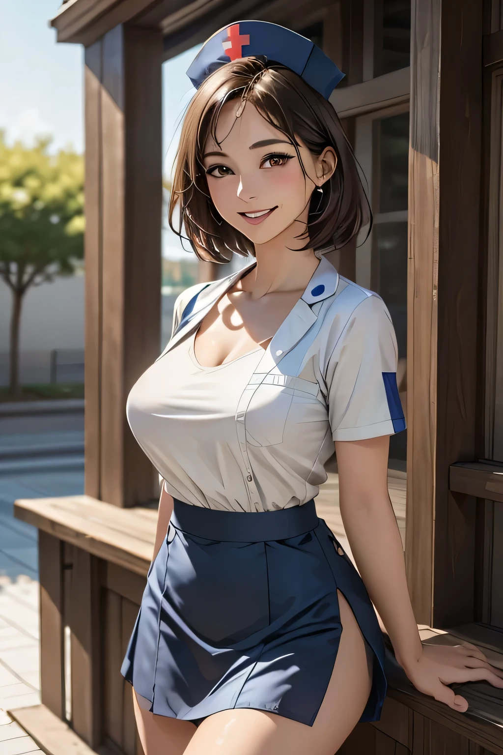 1 female, 40 years old, (Nurse cap, nurse uniform and mini skirt), masterpiece, grin, (very tanned and shiny skin), Big Breasts, photoRealistic, Realistic, alone, photoRealistic, Highest quality, Ultra-high resolution, Yura S, Outdoor, colorful,  Daytime setting, beautiful, masterpiece, Highest quality, Very detailedな顔, Perfect lighting, Ultra-high resolution, Very detailed, (background: Inside the hospital)