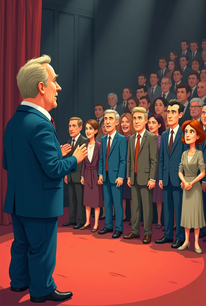 bosquejo, A Ponentes, A man in a suit stands in front of hundreds of people, Taking your speech with microphone, En pie, Camera on the left side, Au natural, Pasteles, Ojos realistas detallados, muy guapo, Beautiful