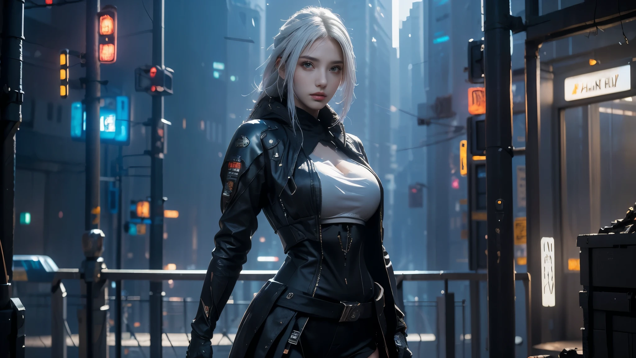 masterpiece,high resolution,8K,(Portrait Photos:1.5),(R Original Photo),Reality,Digital photography,(A fusion of cyberpunk and fantasy),(Female Soldiers),20-year-old girl,Casual hairstyle,White hair，Purple Eyes，By Bangs,(Large Breasts, Accessories,shut your mouth,Elegant and charming,Serious and arrogant,Calm and handsome,Combination of cyberpunk and fantasy style clothing,Hollow carving design,Large Breasts，Combined Armor,Photo poses,Realistic style,oc render reflection texture，sentry，Cyberpunk style future city，Medium distance photography