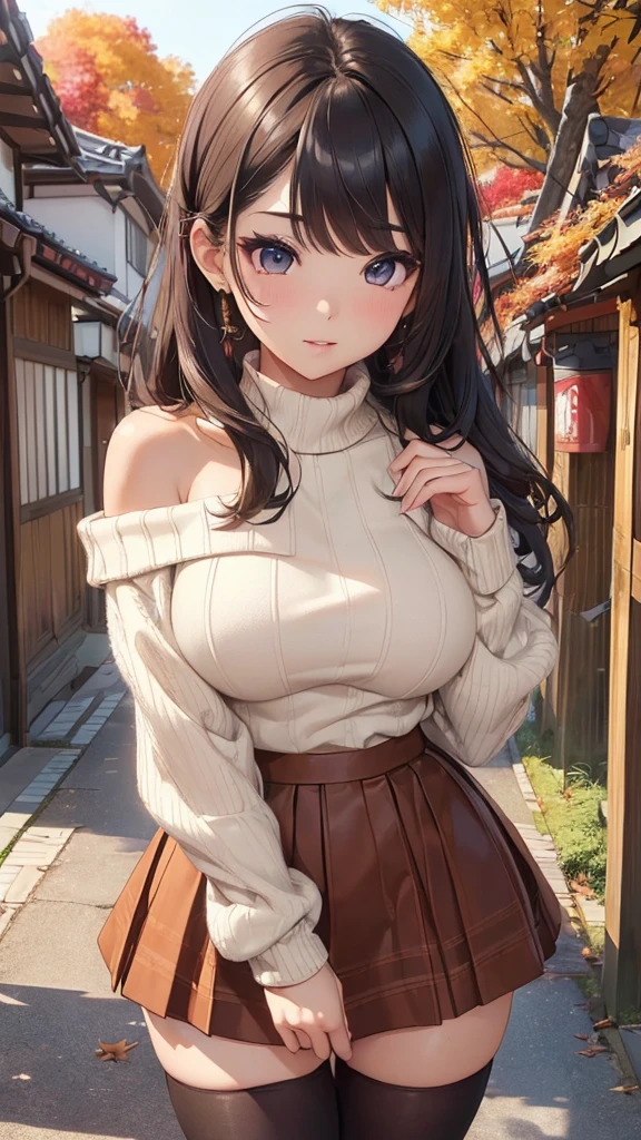 (masterpiece:1.5)、1 girl、detailed face、Beautiful smile、blush、black haired、beaver、red eyes、detailed eye、sweater、skirt、big breasts、smart figure、thighs thighs thighs、constricted waist、Calm autumn sky