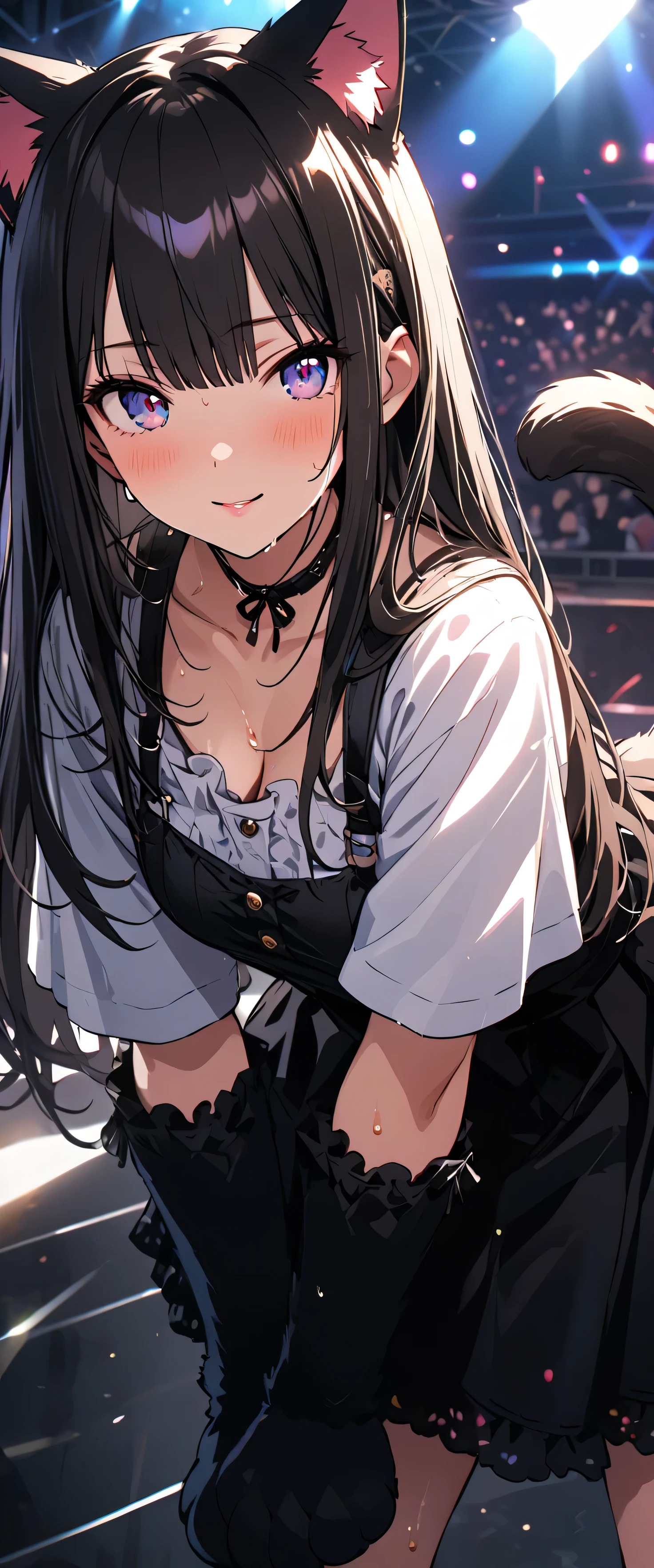 (beautiful girl: 1.3),1girl,masterpiece, Highest quality, Ultra-high resolution,rich contrast,super high quality,8k,Highly detailed CG unit wallpaper,texture,Incredibly absurd,Ultra-high resolution,RAW Photos,Depth of Field 1.2,(Black Hair,Straight Hair),Ultra-detailed eyes,Glowing Skin,wet,(((sweat))),Glitter effect,Beautiful glossy lips,Live Performance Venues,Super large stage,A light smile,BLA4CKC4T,cat ears,animal ears,animal hands,tail,(((Notice something))),(((Look to the side))),(extreme close-up1.5)