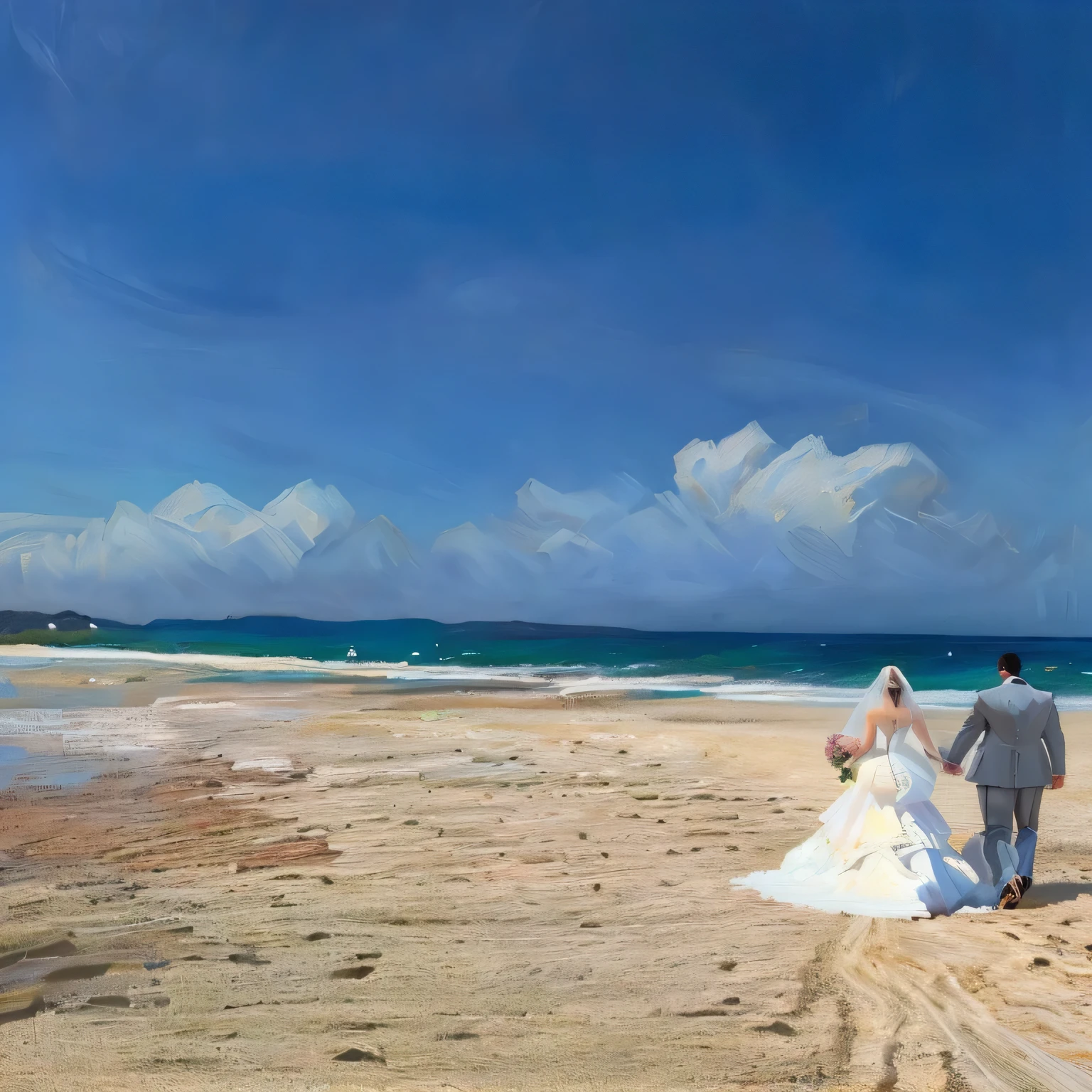 bride and groom walking on the beach holding hands, in a beachfront environment, on the sand, walking on the sand, the ocean in the background, posing on a beach with the ocean, 🤬 🤮 💕 🎀, walking on the beach, paradise in the background, walking up the sandy beach, lisa kristine, beautiful setting, by Gawen Hamilton