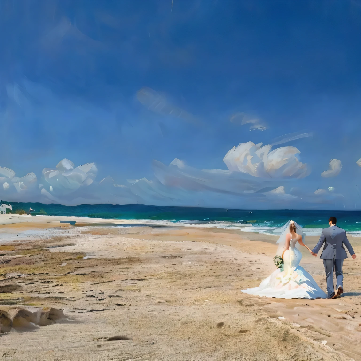 bride and groom walking on the beach holding hands, in a beachfront environment, on the sand, walking on the sand, the ocean in the background, posing on a beach with the ocean, 🤬 🤮 💕 🎀, walking on the beach, paradise in the background, walking up the sandy beach, lisa kristine, beautiful setting, by Gawen Hamilton