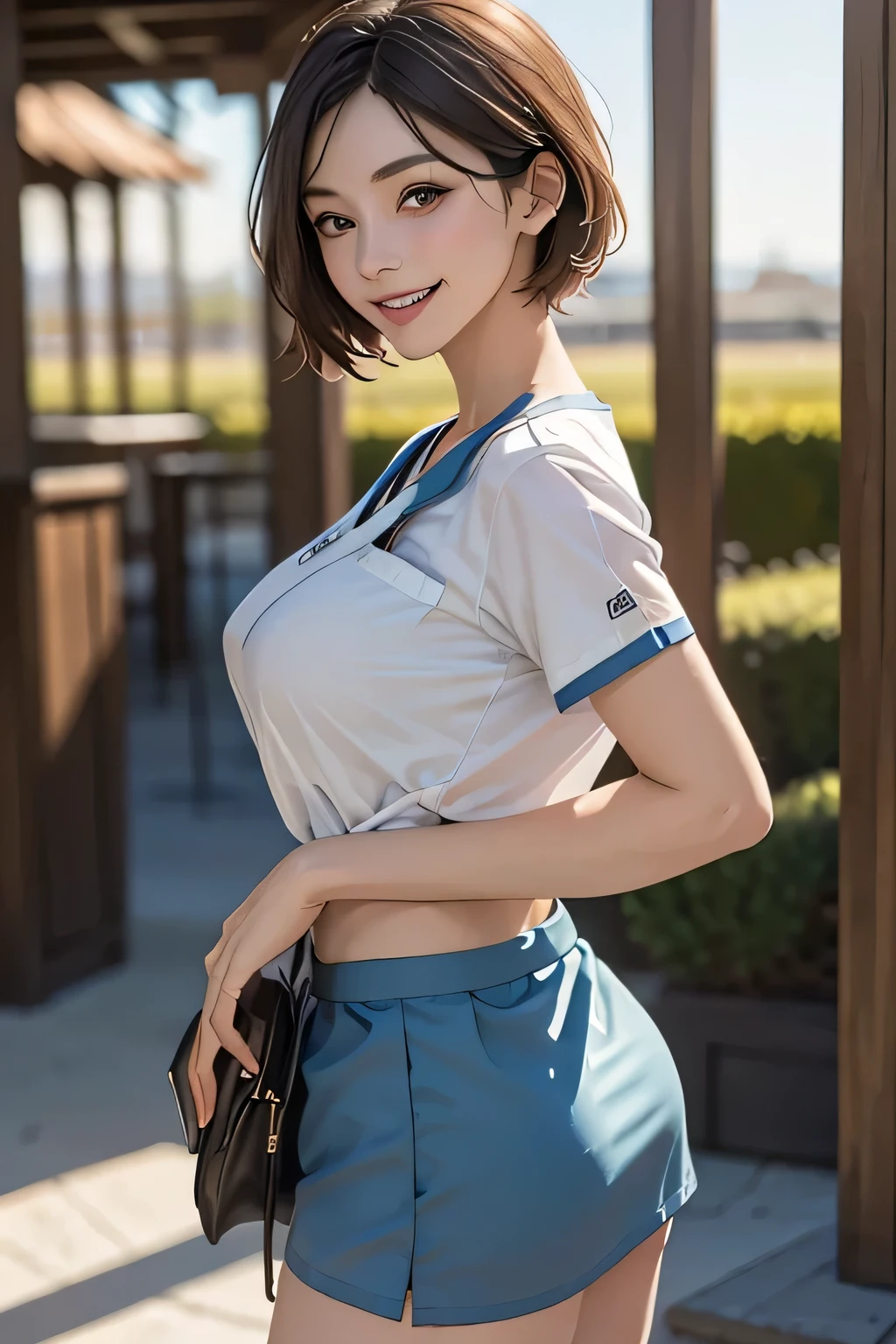 1 female, 40 years old, (Nurse cap, nurse uniform and mini skirt), masterpiece, grin, (very tanned and shiny skin), Big Breasts, photoRealistic, Realistic, alone, photoRealistic, Highest quality, Ultra-high resolution, Yura S, Outdoor, colorful,  Daytime setting, beautiful, masterpiece, Highest quality, Very detailedな顔, Perfect lighting, Ultra-high resolution, Very detailed, (background: Inside the hospital)