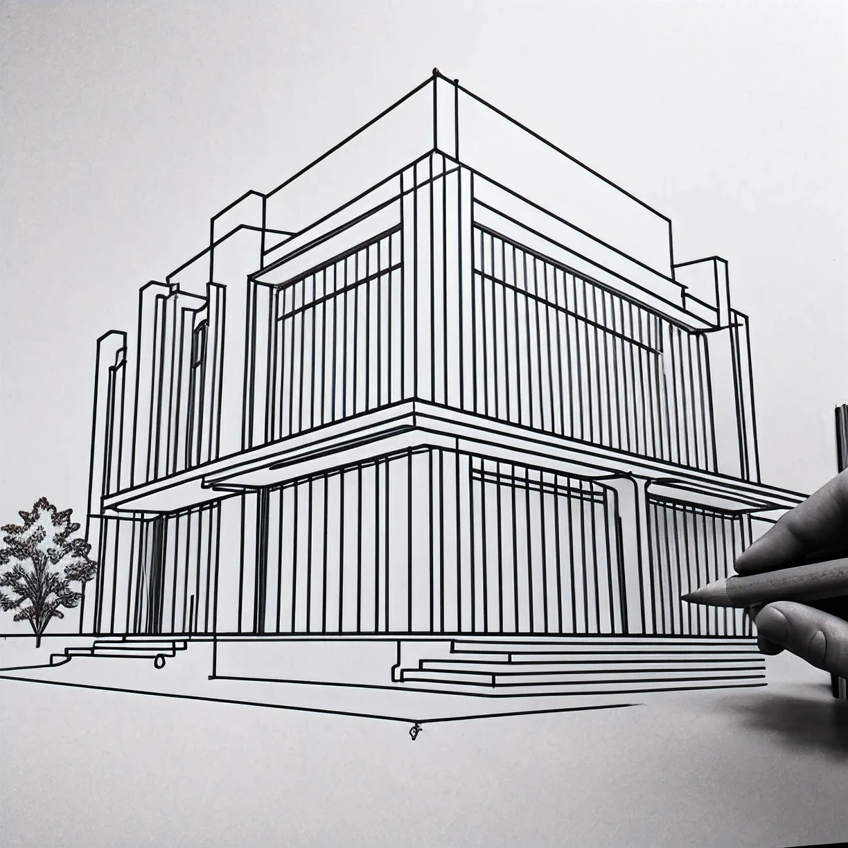 Pencil drawing, Architectural Design Process, Architectural Design And Drawings, In the process of completion, One hand, pencil, One hand holding a pencil, perspective projection, Two-point method, Trace-vanishing point method, Strange Architectural Designs, Weird, 