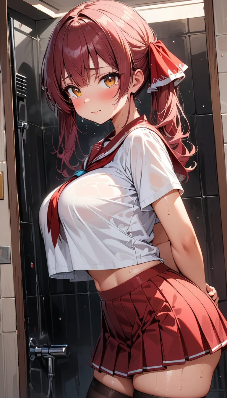 (curvy, large breasts, tented shirt), (Sticky Sailor uniform, mini skirt), 1girl, houshou marine, hololive, beautiful detailed eyes, yellow eyes,(cute eyes), black thigh highs, arms behind back, (Carving Waistline), Shower room, (cowboy shot, from left side), Best Quality, Super detailed, masterpiece, Ultra-high resolution, 8k, Embarrassing, blush, Nice, (With tears in my eyes), closed mouth, sweat, (from left side), (from left side)