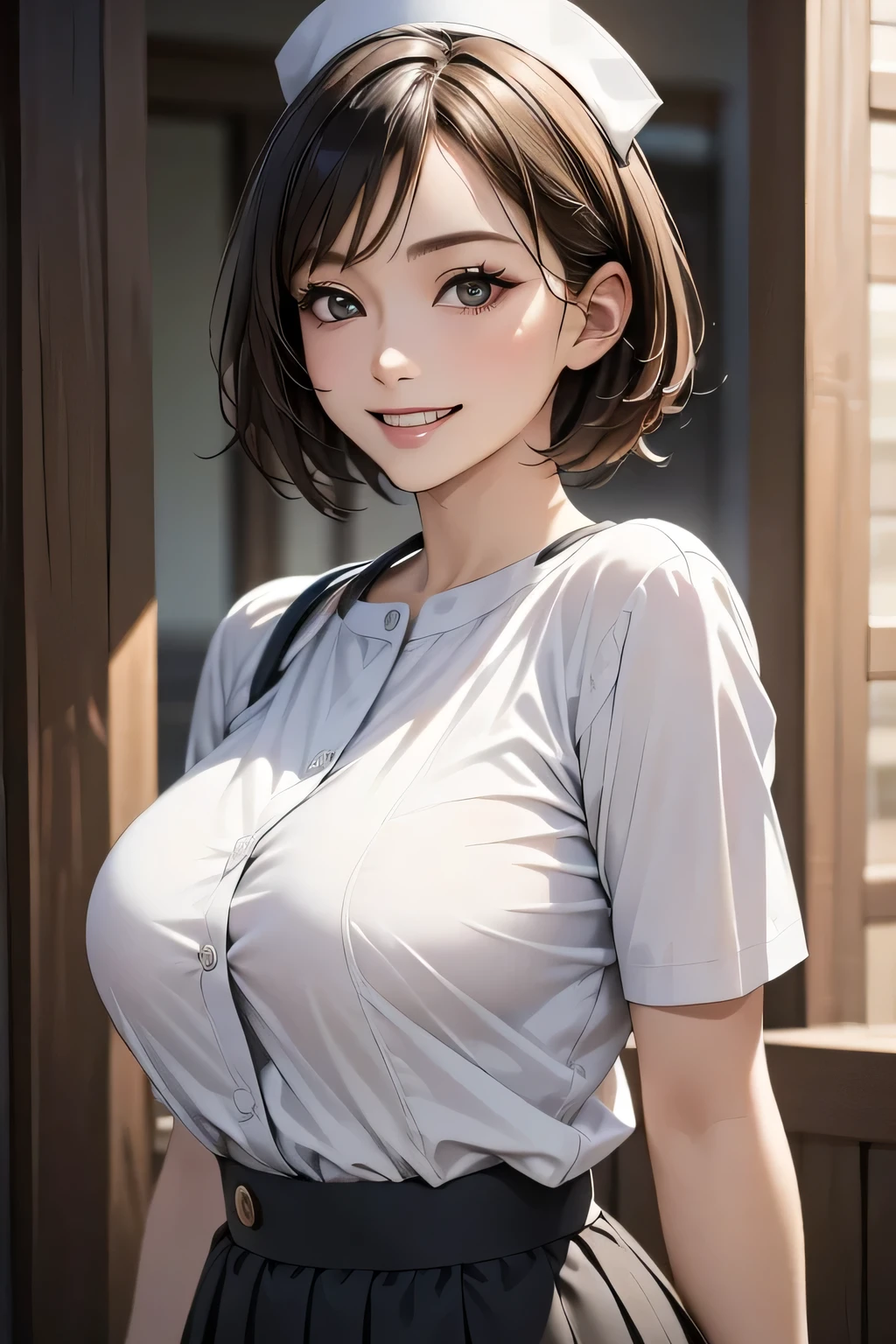 1 female, 40 years old, (Nurse cap, nurse uniform and mini skirt), masterpiece, grin, (very tanned and shiny skin), Big Breasts, photoRealistic, Realistic, alone, photoRealistic, Highest quality, Ultra-high resolution, Yura S, Outdoor, colorful,  Daytime setting, beautiful, masterpiece, Highest quality, Very detailedな顔, Perfect lighting, Ultra-high resolution, Very detailed, (background: Inside the hospital)