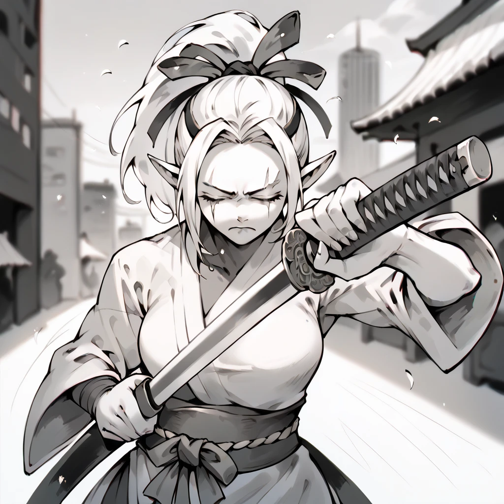 1girl, Solo, Closed Eyes, Ponytail, Breasts, Long Pointy Ears, Closed Mouth, Frown, Blind Girl, Samurai Clothes, Modern City Background, Blurry Background, Monochrome, Hairband, Scar Across Eye, Modern city Background, holding a katana