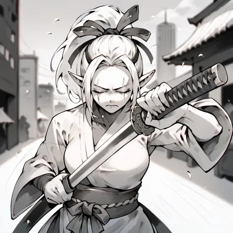 1girl, solo, closed eyes, ponytail, breasts, long pointy ears, closed mouth, frown, blind girl, samurai clothes, modern city bac...