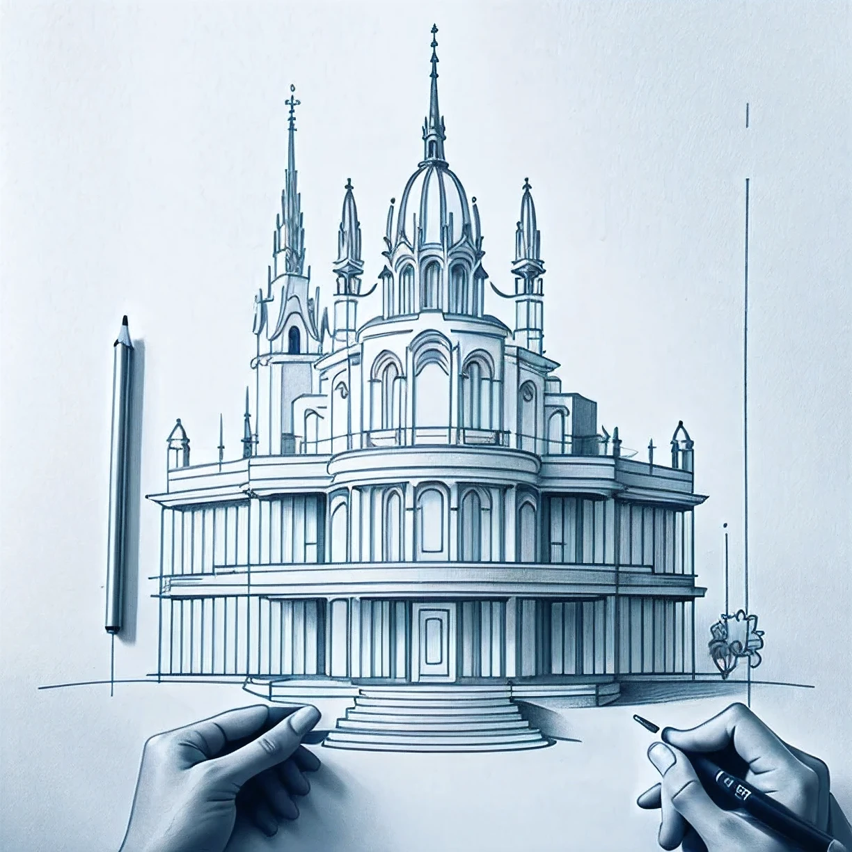 Pencil drawing, Architectural Design Process, Architectural Design And Drawings, In the process of completion, One hand, pencil, One hand holding a pencil, perspective projection, Two-point method, Trace-vanishing point method, Strange Architectural Designs, Weird, 