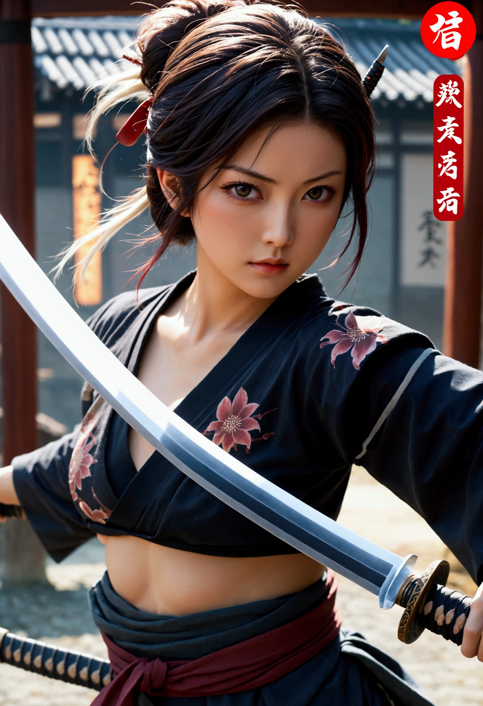 (Japanese sword &reference;Muramasa 2&reference;.2)Beautiful 2 woman、Woman holding a Japanese sword、Shinobi Costume、Warrior、Clear Eyes、{Arm tattoo、Warrior、Realistic battle scenes、Enemy Warrior's Blood、Blood、High resolution、Highest quality、Very detailed、8k、background、