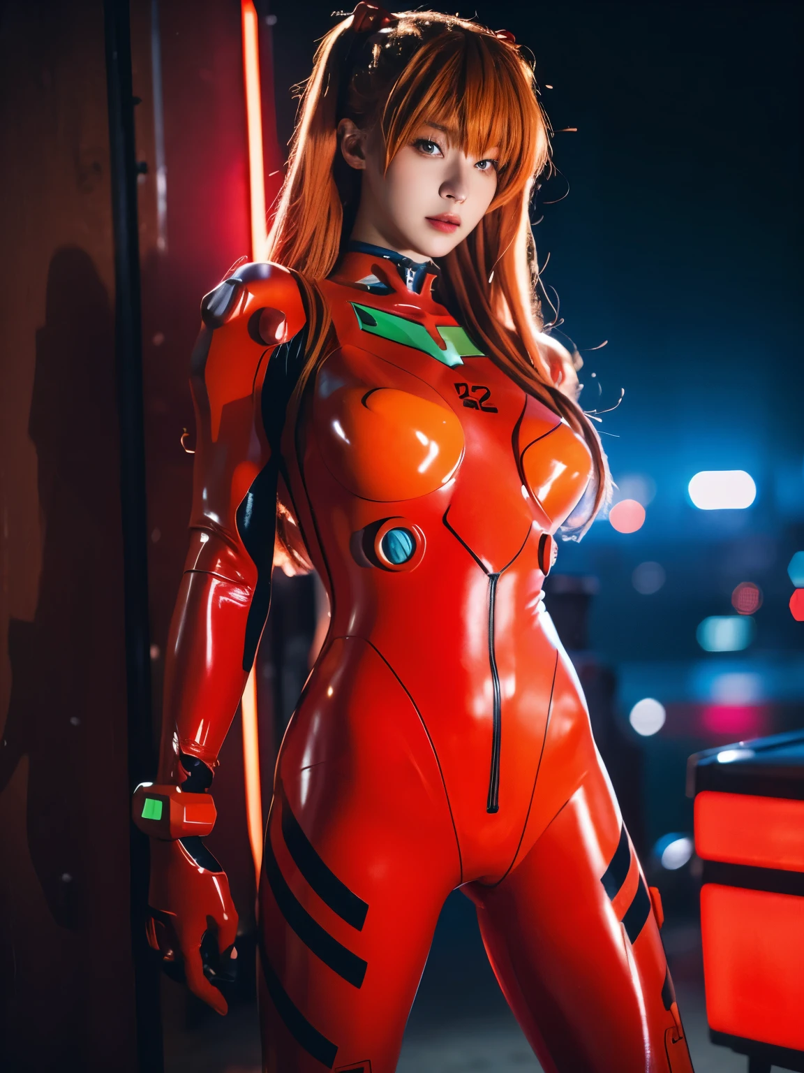 a sexy  german girl, red hair, cosplay as asuka langley, wearing tight red plugsuit, futuristic cyberpunk at night, city light, neon lights, 8k, standing, FRONTAL SHOT, low angle, realistic face,  show nipples, show vagina, open legs:1.4.