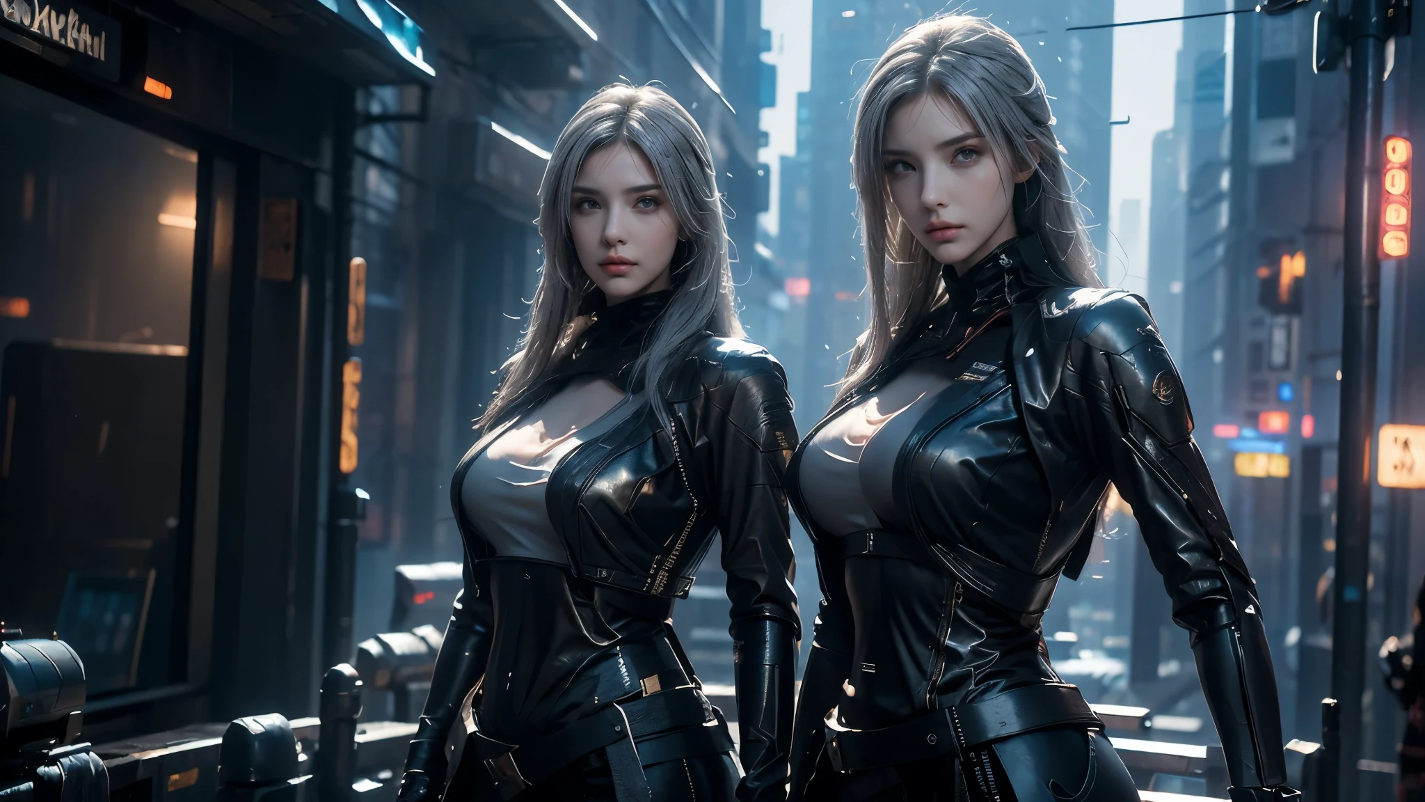 Full face portrait photo of a 25-year-old European girl, RAW, beautiful woman, semi-open strawberry lips, dimples, wistful look, (extra long wavy brown hair), ((detailed face)), ((detailed facial features)), (finely detailed skin), pale skin, (deep neckline detailed high-tech cyberpunk dress), cyberpunk megacity environment, (cool colors), damp, damp, reflections, (masterpiece) (perfect proportion)(realistic photo)(best quality) (detailed) shot on a Canon EOS R5, 50mm lens, F/2.8, HDR, (8k) (wallpaper) (cinematic lighting) (dramatic lighting) (sharp focus) (intricate), RAW photo, RAW photo, gigachad photo, posing for camera, black jeans, back arms, 8k uhd, dslr, high quality, grain film, Fujifilm XT3