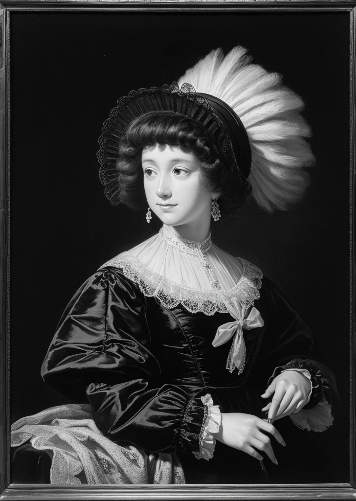 Henrietta Maria of France,gusmask,black background,monochrome,old paint,sport,terrex
