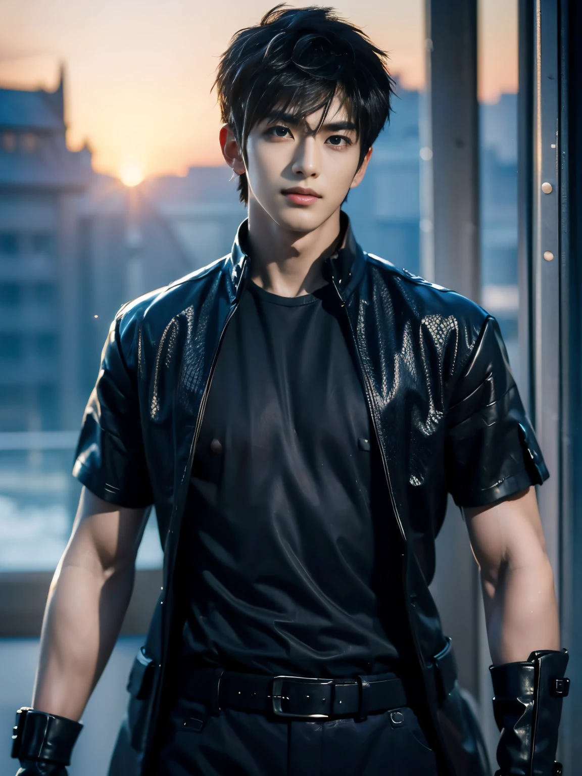 (masterpiece, realistic, absurdres:1.2), (photorealistic:1.5), RAW photo, high resolution, best quality, 8K,1boy, Noctis, ulzzang boy, chinese boy, very handsome, perfect face, intricate detail, Extremely detailed, professional photography, Bright colors, Clear focus, perfect hair, young man, (black see through shirt:1.2), muscular, slim muscular, (perfect hands, 5 fingers) , clear and beautiful detailed eyes, perfect eyes, Playful expression, abs, soft skin, detailed skin, detailed highlights and shadows, Excellent body proportions, Correct anatomy, looking at camera, male focus, black jacket, fingerless gloves, belt, black pants, boots, gentlesunlight, Cinematic Lighting, Warm colors, full-body shot, ornate futuristic castle background,