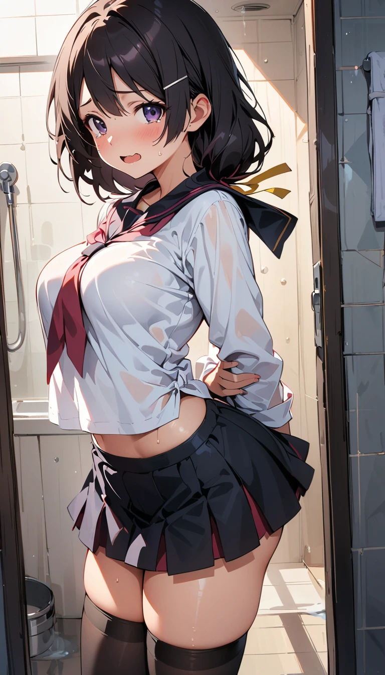 (curvy, medium breasts, tented shirt), (Sticky Sailor uniform, mini skirt), ((1girl, Hanekawa Tsubasa, monogatari \(series\))), beautiful detailed eyes, purple eyes,(cute eyes), black thigh highs, arms behind back, (Carving Waistline), Shower room, (cowboy shot, from left side), Best Quality, Super detailed, masterpiece, Ultra-high resolution, 8k, Embarrassing, blush, Nice, (With tears in my eyes), open mouth, sweat, (from left side), (from left side)