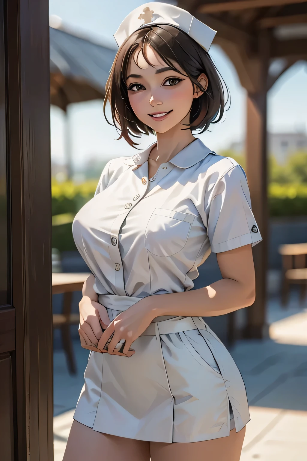 1 female, 40 years old, (Nurse cap, nurse uniform and mini skirt), masterpiece, grin, (very tanned and shiny skin), Big Breasts, photoRealistic, Realistic, alone, photoRealistic, Highest quality, Ultra-high resolution, Yura S, Outdoor, colorful, Daytime setting, beautiful, masterpiece, Highest quality, Very detailedな顔, Perfect lighting, Ultra-high resolution, Very detailed, (background: Inside the hospital)