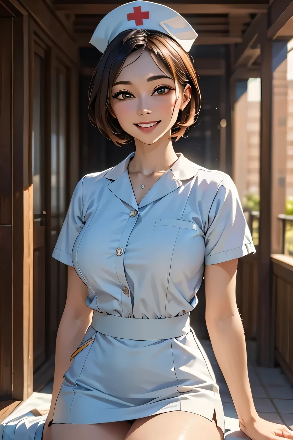 1 female, 40 years old, (Nurse cap, nurse uniform and mini skirt), masterpiece, grin, (very tanned and shiny skin), Big Breasts, photoRealistic, Realistic, alone, photoRealistic, Highest quality, Ultra-high resolution, Yura S, Outdoor, colorful, Daytime setting, beautiful, masterpiece, Highest quality, Very detailedな顔, Perfect lighting, Ultra-high resolution, Very detailed, (background: Inside the hospital)