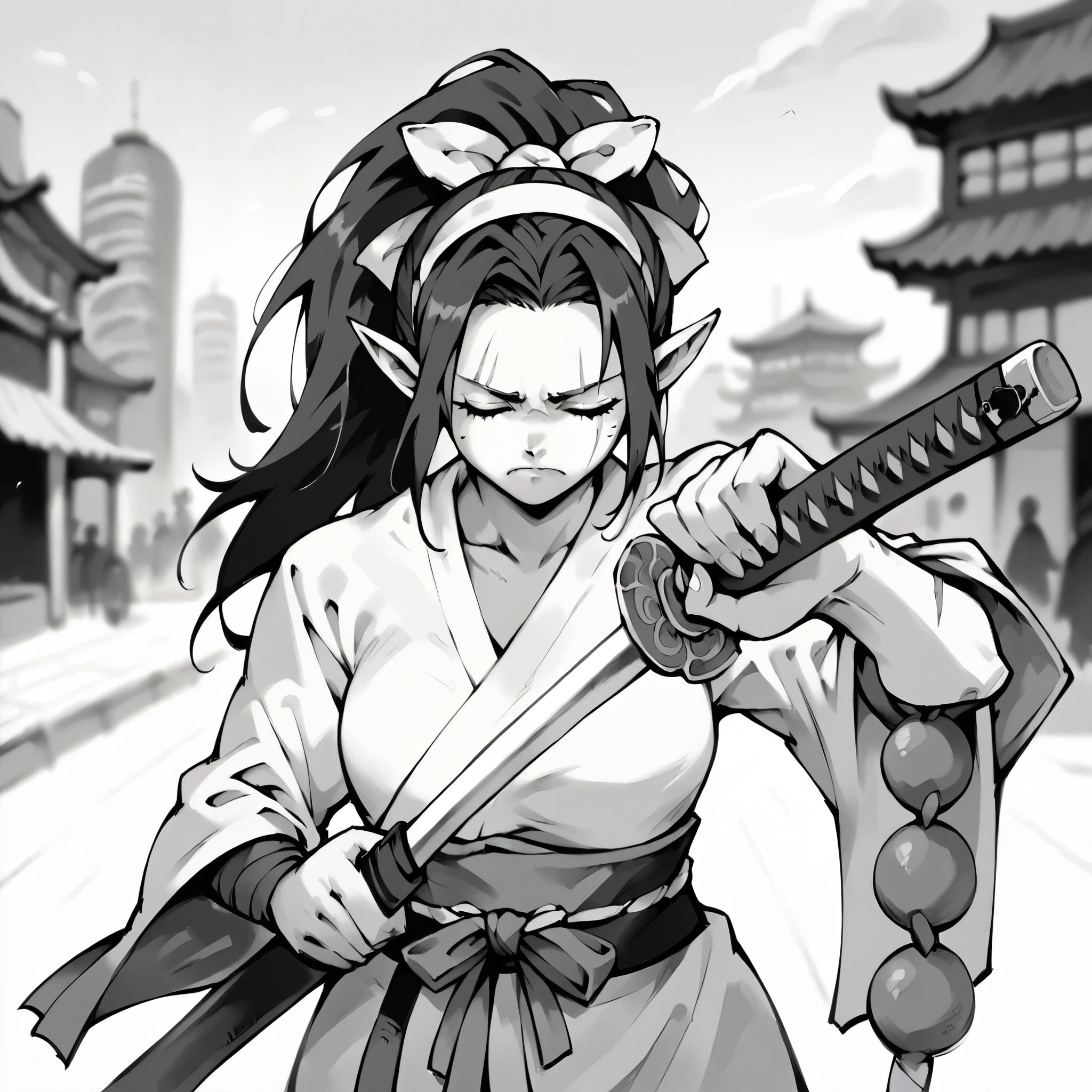 1girl, Solo, Closed Eyes, Ponytail, Breasts, Long Pointy Ears, Closed Mouth, Frown, Blind Girl, Samurai Clothes, Modern City Background, Blurry Background, Monochrome, Hairband, Scar Across Eye, Modern city Background, holding a katana